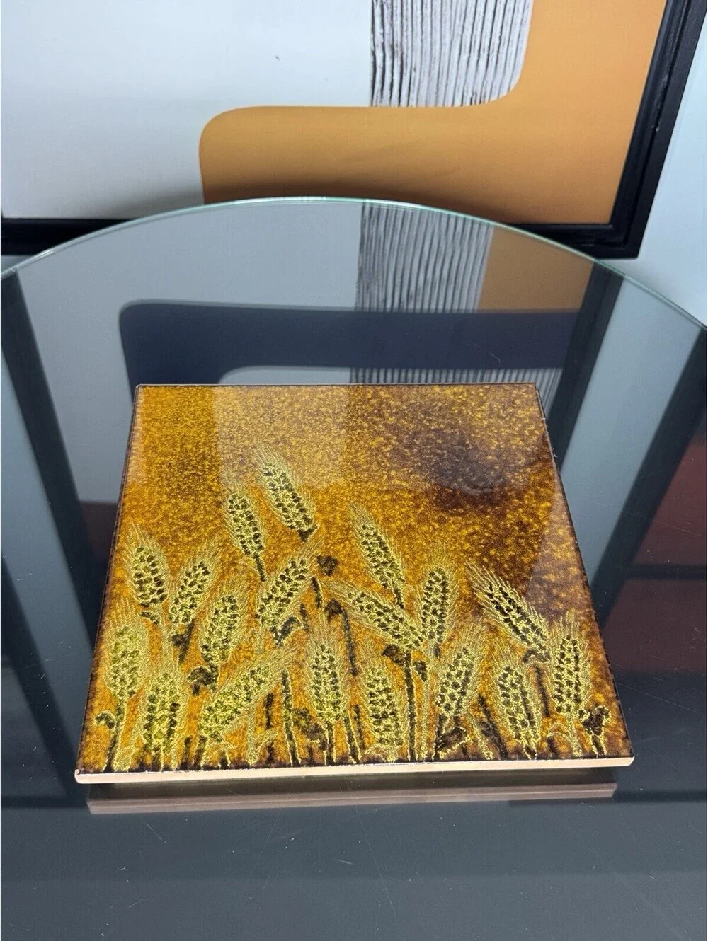 Vintage Mid Century Enamel Copper Wheat Trivet Tile Amber Brown 9 Inch MCM